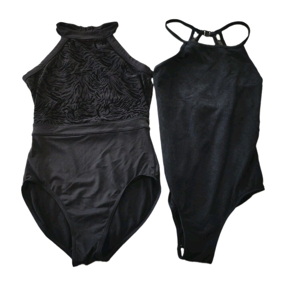 Lot Of 2 Women's Black Leotards Bloch Dance Favourite M/L Halter Lace Ballet